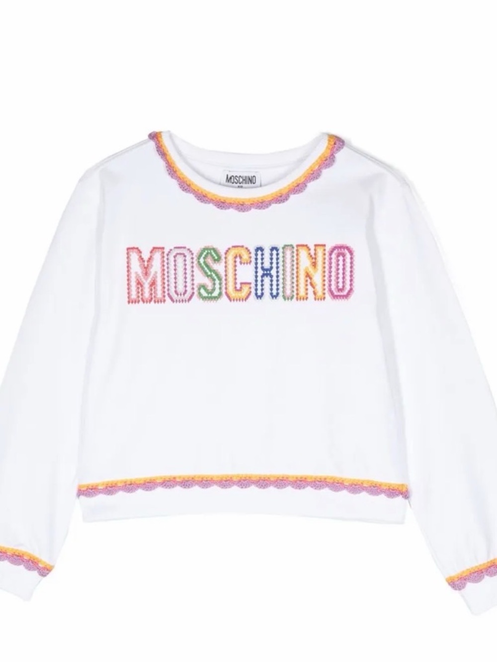Moschino White Crewneck Sweater with Rainbow Logo and Trim